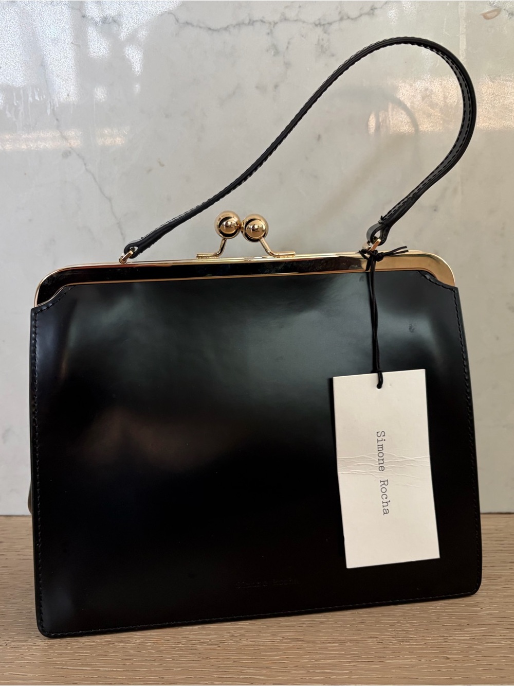 Simone Rocha Black Patent Top-Handle Frame Bag with Gold Hardware